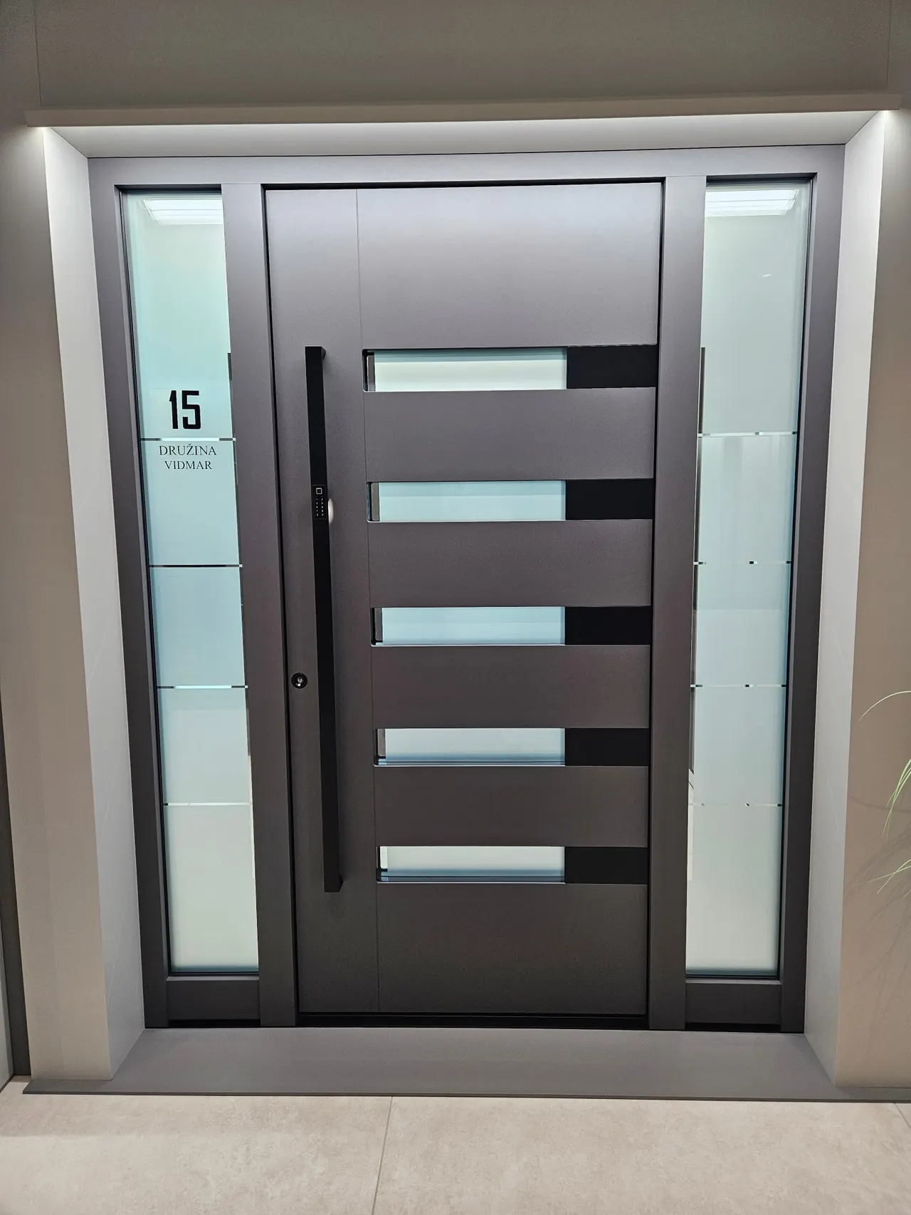 Porte d'entrée aluminium anthracite à cinq inserts vitrés horizontaux, barre de tirage noire et deux tierces vitrées