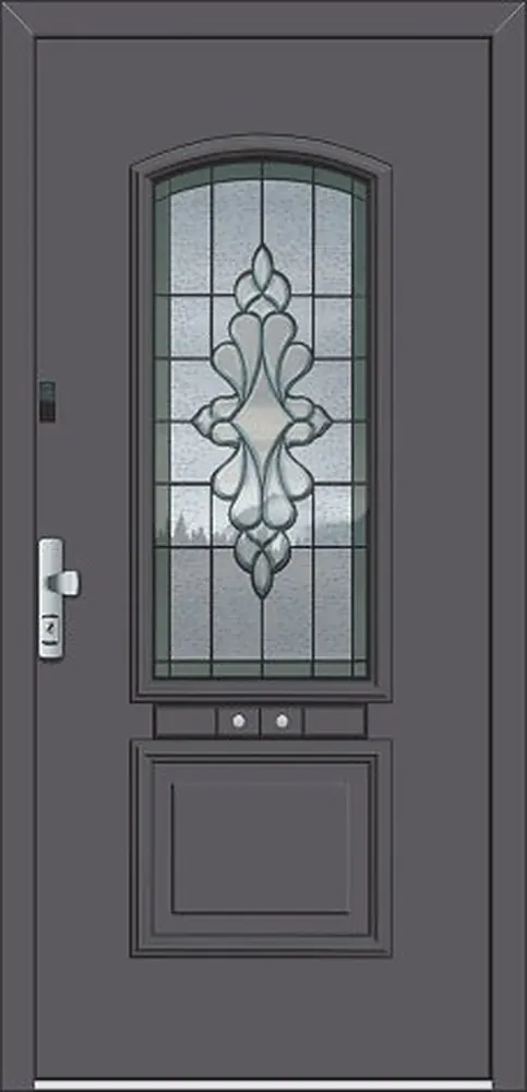 Porte aluminium grise avec vitrail décoratif et soubassement mouluré