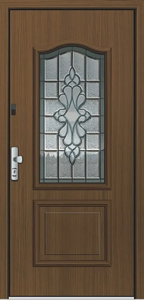 Porte aluminium décor bois avec vitrail décoratif