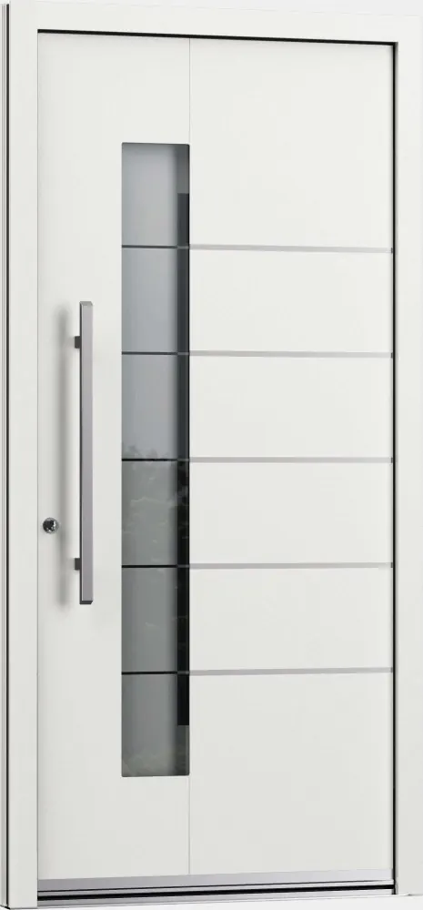 Porte aluminium blanche avec vitrage vertical et inserts horizontaux