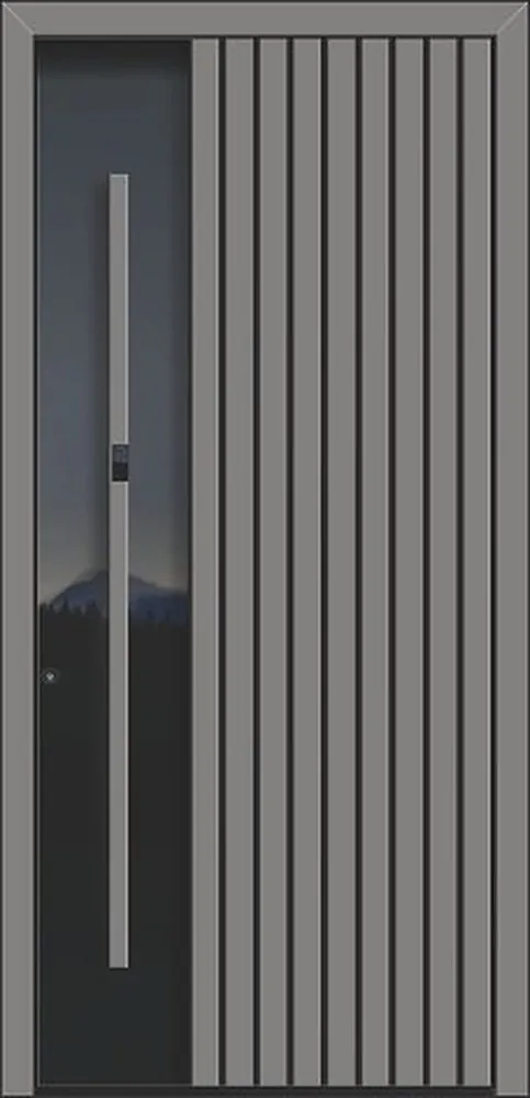 Porte d'entrée aluminium à lames verticales grises avec vitrage latéral et barre de tirage, illustration