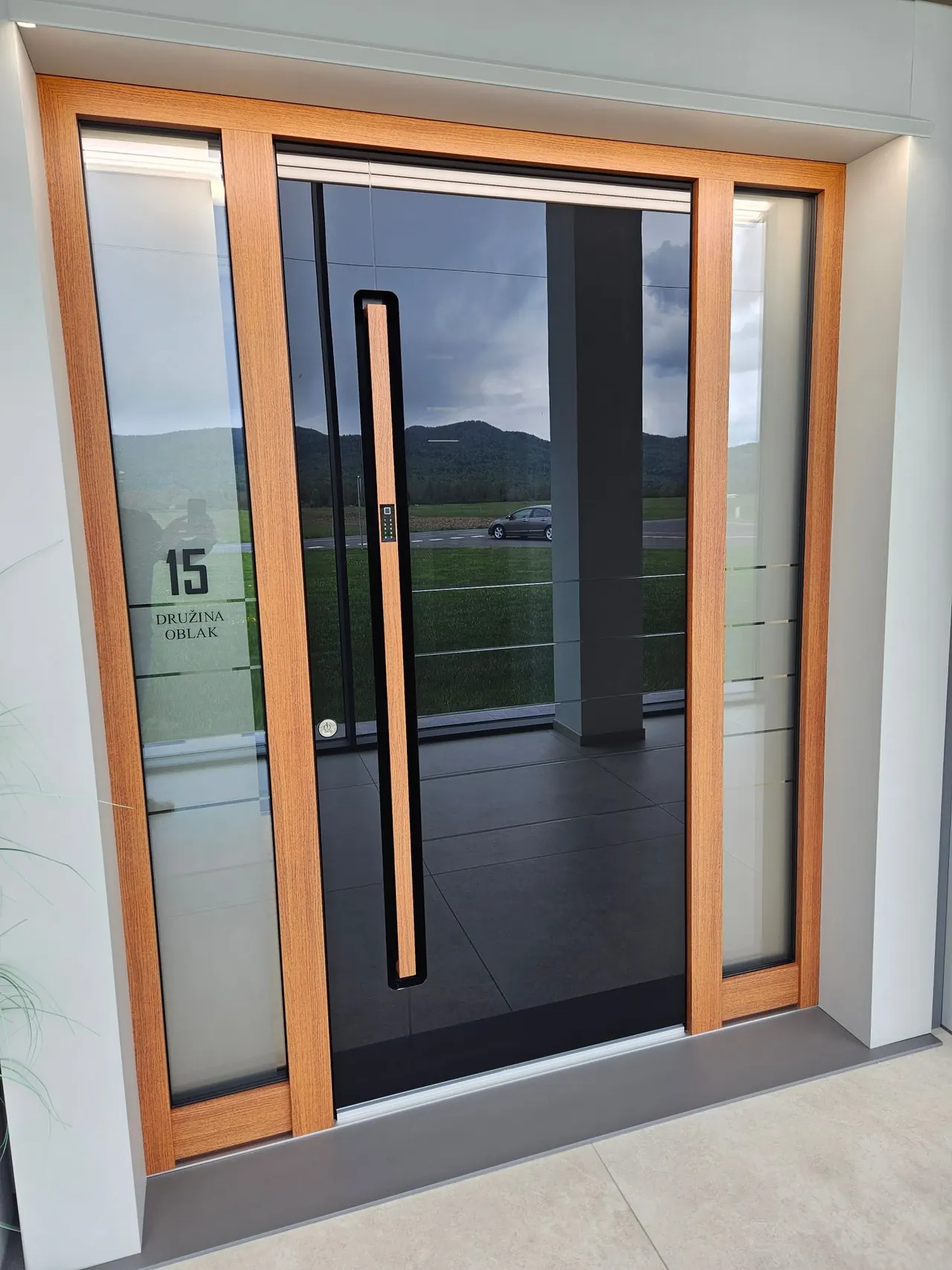 Porte d'entrée aluminium entièrement vitrée, cadre décor bois, barre de tirage décor bois avec lecteur d'empreintes, deux tierces vitrées